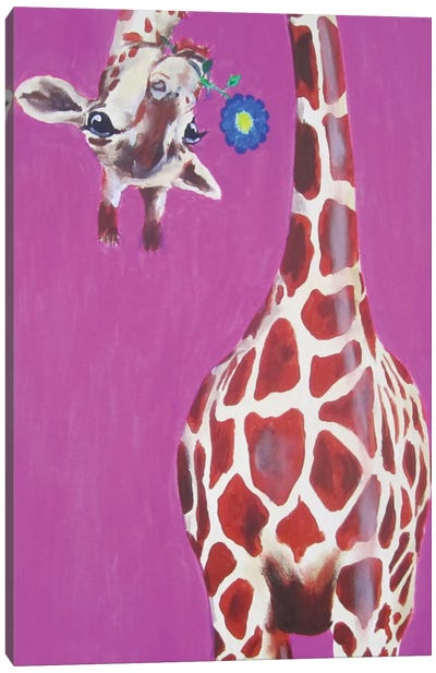 Giraffe With Blue Flower Canvas Art Print - Giraffe Art
