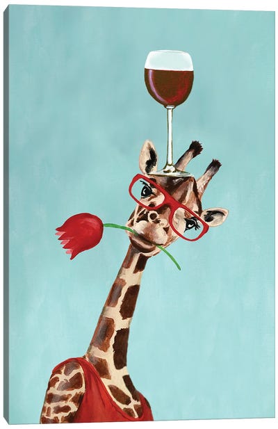 Giraffe With Wineglass Canvas Art Print - Giraffe Art