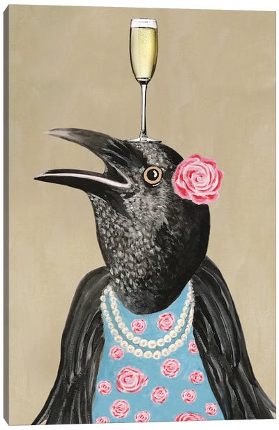 Craw With Champagne Glass Canvas Art Print - Crow Art