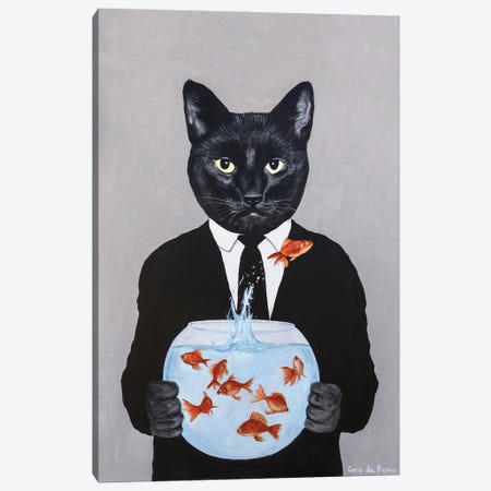 Black Cat With Fishbowl Canvas Print #COC484} by Coco de Paris Art Print