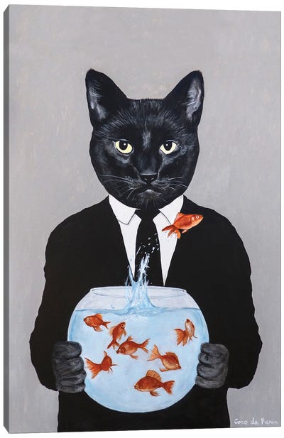 Black Cat With Fishbowl Canvas Art Print - Goldfish Art
