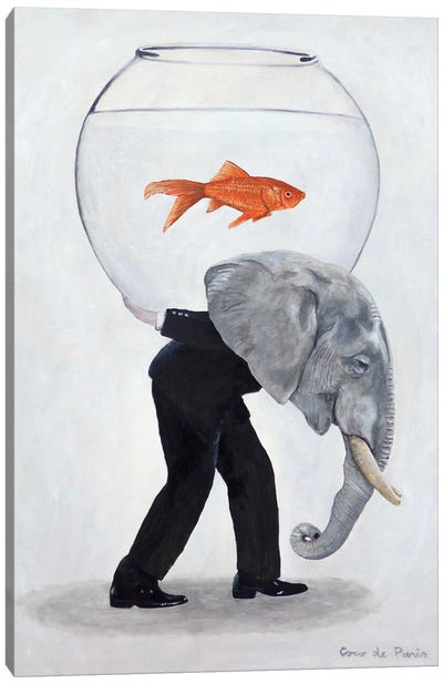 Elephant Carrying Fishbowl Canvas Art Print - Goldfish Art