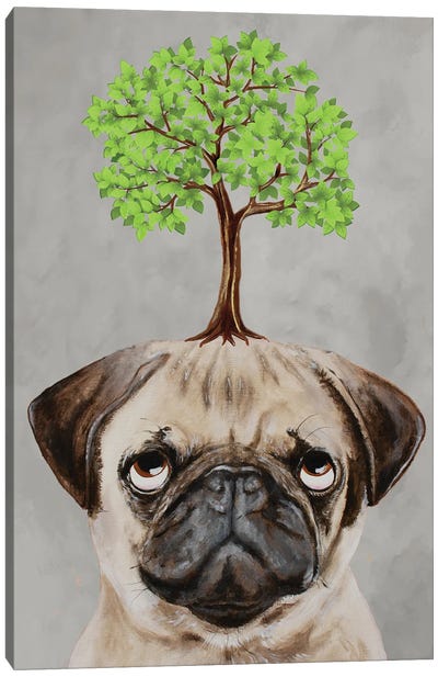 Pug With A Tree Canvas Art Print - Pug Art