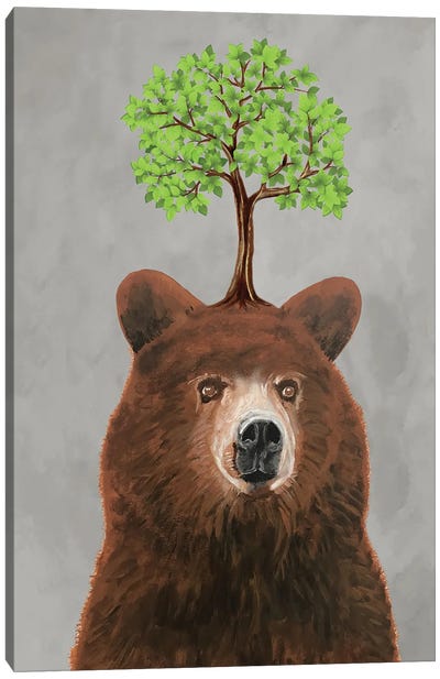 Bear With A Tree Canvas Art Print - Brown Bear Art