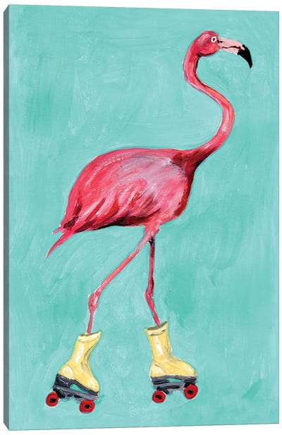 Rollerskate Flamingo Canvas Art Print - Flamingo Art