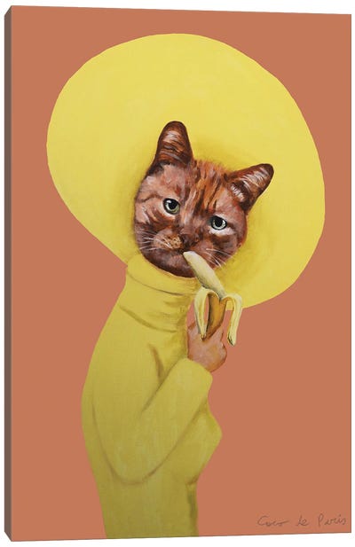 Cat Eating Banana Canvas Art Print - Orange Cat Art
