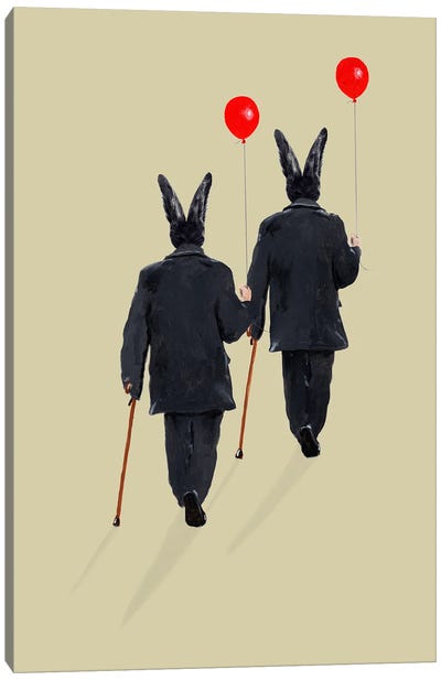 Rabbits Walking With Balloons Canvas Art Print - Green Art