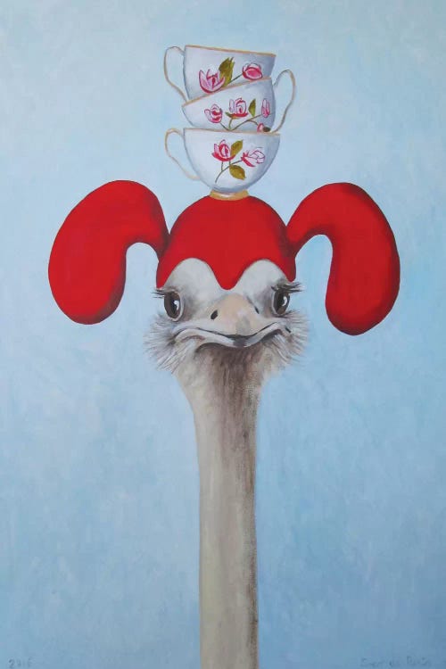 Ostrich With Stacked Teacups