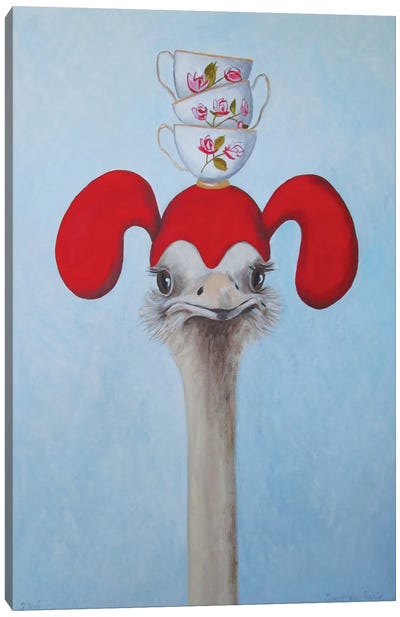 Ostrich With Stacked Teacups Canvas Art Print - Ostrich Art