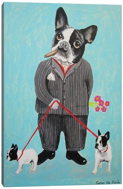 Bulldog Dog Walker Canvas Art Print - French Bulldog Art