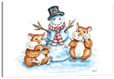 Hamsters Building A Snowman Canvas Art Print - Snowman Art