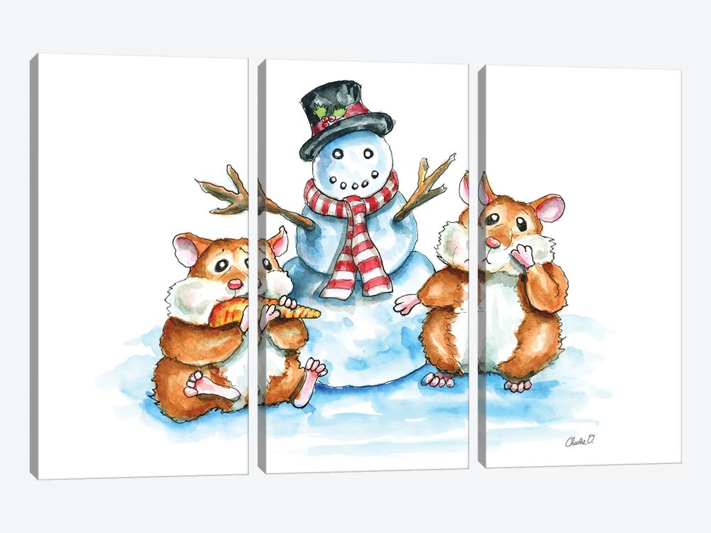 Hamsters Building A Snowman by Charlie O'Shields 3-piece Canvas Art