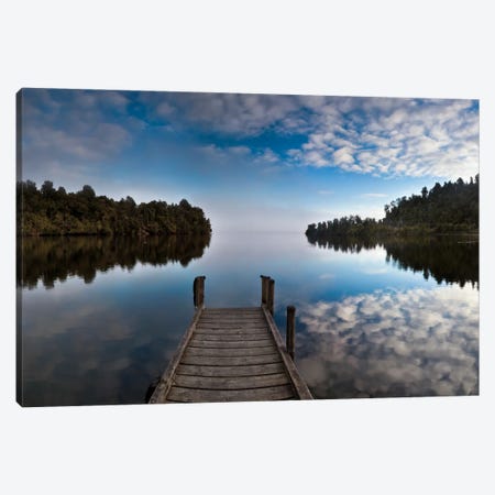 Dock In Lake Mapourika With Mist Rising Off Water, Westland National Park, New Zealand Canvas Print #COL12} by Colin Monteath Canvas Artwork