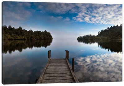 Dock In Lake Mapourika With Mist Rising Off Water, Westland National Park, New Zealand Canvas Art Print - Colin Monteath