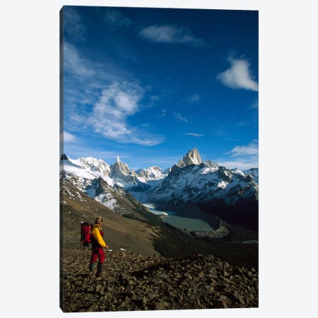 Hiker On Loma Plieque Tumbado Admiring View Of Cerro Torre & Mount Fitz Roy, Los Glaciares National Park, Patagonia, Argentina Canvas Print #COL19} by Colin Monteath Canvas Art