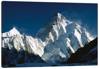 K2 At Dawn Seen From Camp Below Broad Peak, Godwin Austen Glacier, Karakoram Mountains, Pakistan Canvas Art Print - Royal Blue & Silver