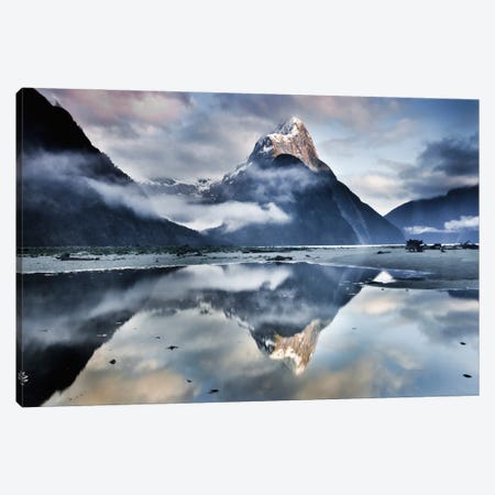 Mitre Peak Reflecting In Milford Sound In Winter At Dawn, Fiordland National Park, New Zealand Canvas Print #COL30} by Colin Monteath Canvas Art