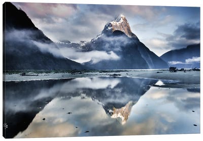 Mitre Peak Reflecting In Milford Sound In Winter At Dawn, Fiordland National Park, New Zealand Canvas Art Print - Colin Monteath