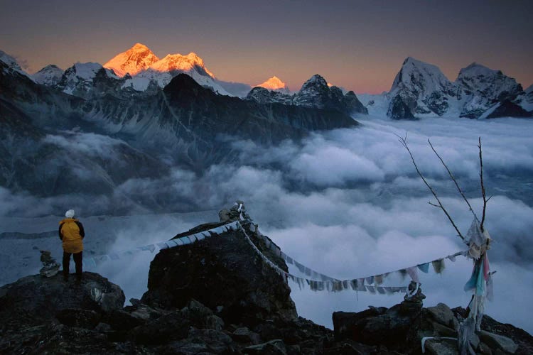 Mountaineer Enjoying The View Of Mt Everest And The Himalayan Mountains At Sunset From Gokyo Ri, Khumbu, Nepal