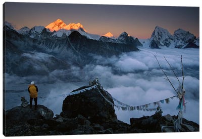 Mountaineer Enjoying The View Of Mt Everest And The Himalayan Mountains At Sunset From Gokyo Ri, Khumbu, Nepal Canvas Art Print - Mount Everest