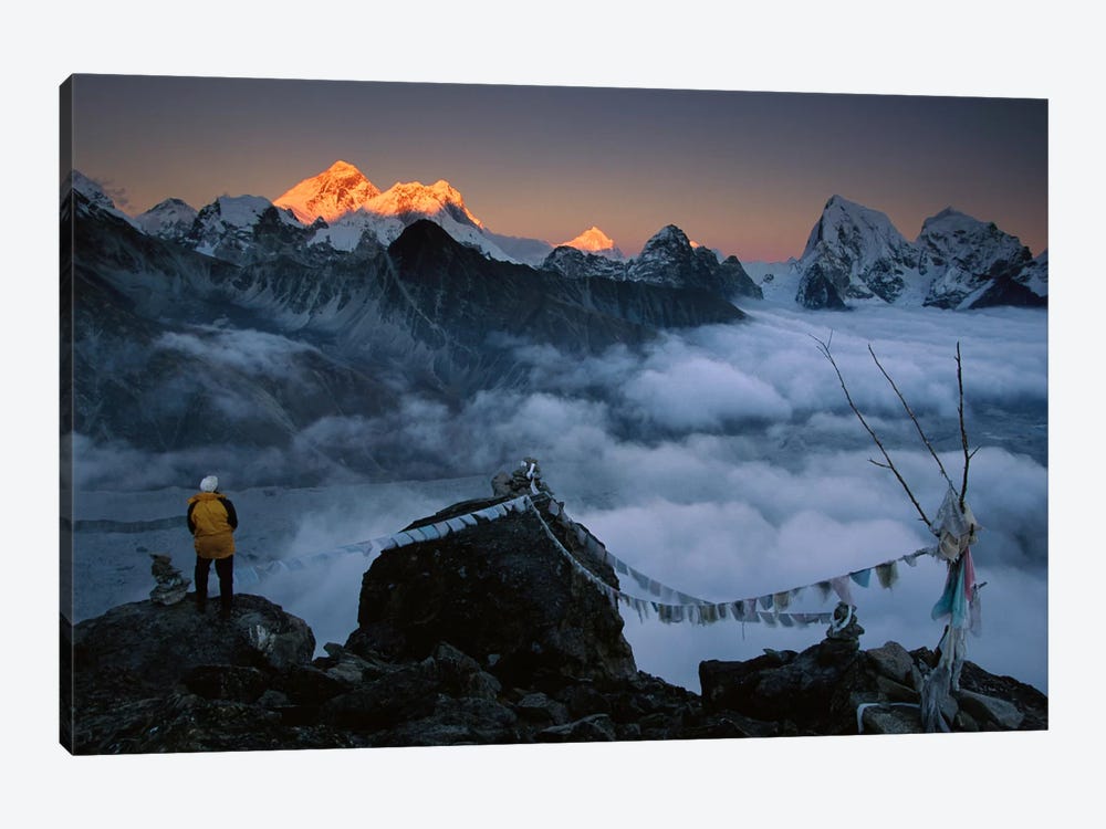 Mountaineer Enjoying The View Of Mt Everest And The Himalayan Mountains At Sunset From Gokyo Ri, Khumbu, Nepal by Colin Monteath 1-piece Canvas Print
