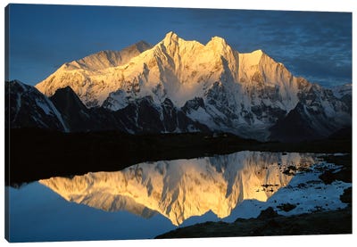 Mt Makalu And Mt Chomolonzo Bathed In Dawn Light, Reflected In Small Lake, Khama Valley, Tibet Canvas Art Print - Colin Monteath