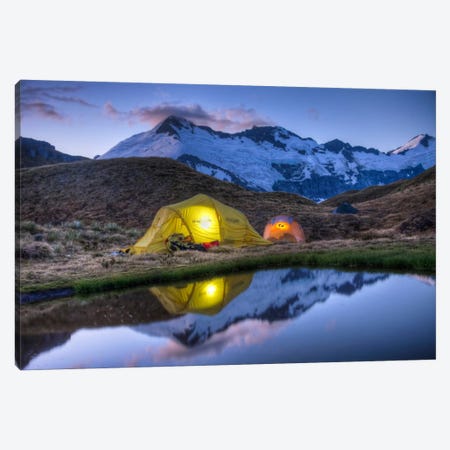 Campers Read In Tents Lit By Flashlight, Cascade Saddle, Mount Aspiring National Park, New Zealand Canvas Print #COL8} by Colin Monteath Canvas Art