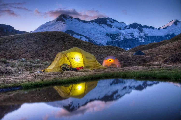 Campers Read In Tents Lit By Flashlight, Cascade Saddle, Mount Aspiring National Park, New Zealand