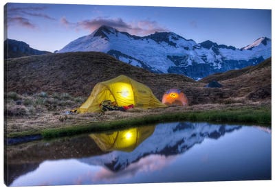 Campers Read In Tents Lit By Flashlight, Cascade Saddle, Mount Aspiring National Park, New Zealand Canvas Art Print - Cascade Range Art