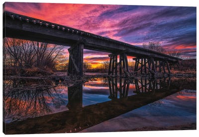 Reflected Railroad Trestle At Sunset Canvas Art Print - Railroads