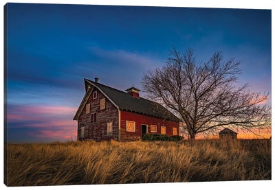 Sunset At The Old Red Barn Canvas Art Print - Christopher Thomas