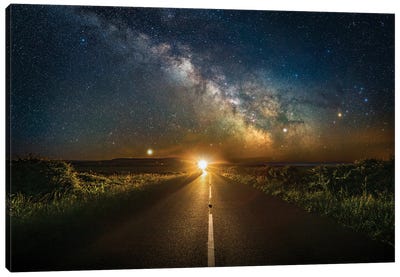 The Light Of Life - The Milky Way Above A Straight Road Canvas Art Print - Milky Way Galaxy Art
