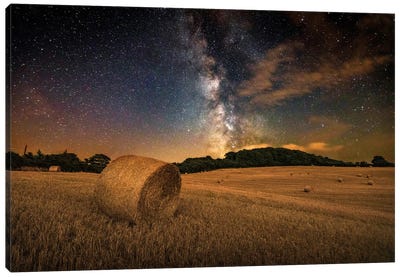 The Milky Way Above A Field Of Hay Bales Canvas Art Print - Stargazers