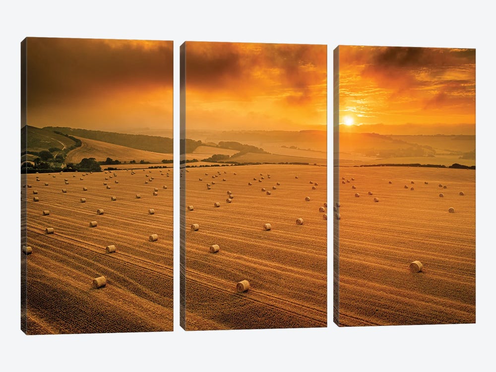 Hay Bale Sunset by Chad Powell 3-piece Canvas Print