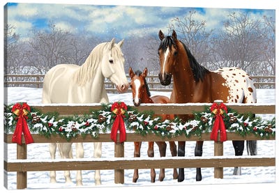 Horse Family-White Christmas Canvas Art Print - Farmhouse Christmas Décor