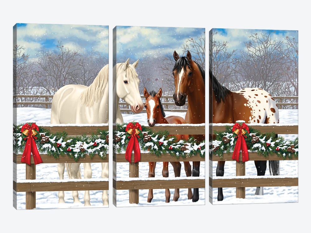 Horse Family-White Christmas by Crista Forest 3-piece Canvas Art Print