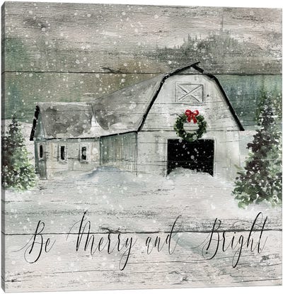 Merry and Bright Barn Canvas Art Print - Christmas Trees & Wreath Art