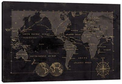 Black Gold Map Canvas Art Print - Compass Art