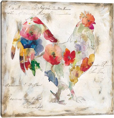 Flowered Rooster Canvas Art Print - Chicken & Rooster Art