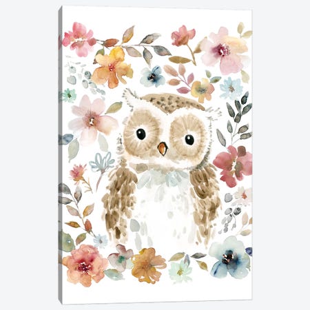 Flowers & Friends Owl Canvas Print #CRO464} by Carol Robinson Canvas Wall Art