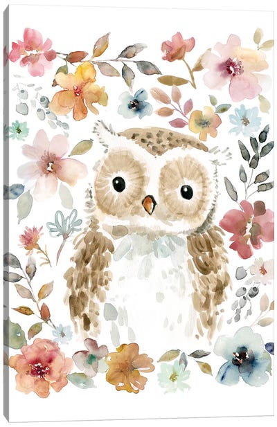 Flowers & Friends Owl Canvas Art Print - Owl Art
