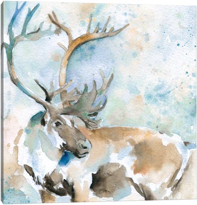 Caribou On Blue Canvas Art Print - Antler Art