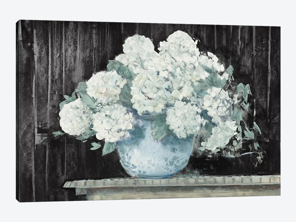 White Hydrangea on Black Crop by Carol Rowan 1-piece Art Print