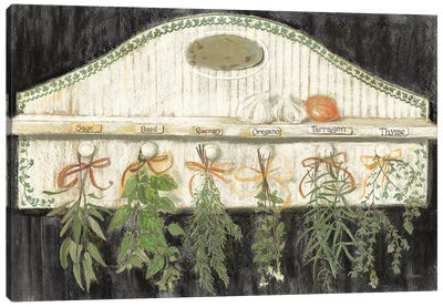 Herbs on Pegs Black Canvas Art Print - Carol Rowan