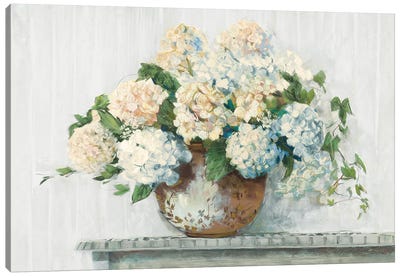 White Hydrangea Cottage Canvas Art Print - Carol Rowan