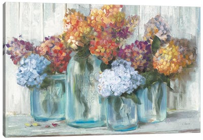 Fall Hydrangeas In Glass Jar Crop Canvas Art Print - Flower Art
