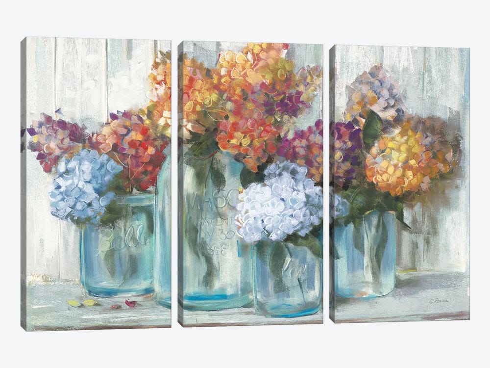 Fall Hydrangeas In Glass Jar Crop by Carol Rowan 3-piece Canvas Wall Art