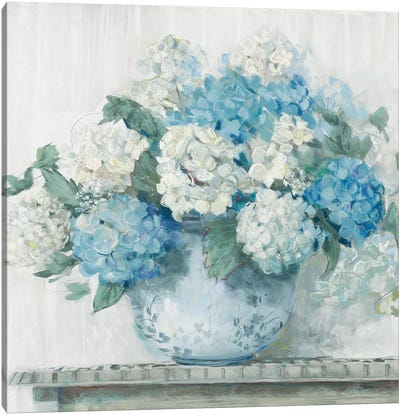 Blue Hydrangea Cottage Crop Canvas Art Print - Pottery Still Life