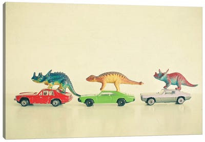 Dinosaurs Ride Cars Canvas Art Print - Prehistoric Animal Art
