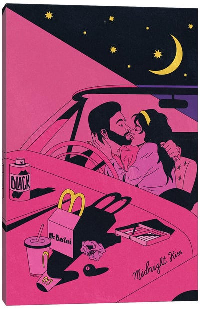 Midnight Car Kiss Canvas Art Print - Black & Pink